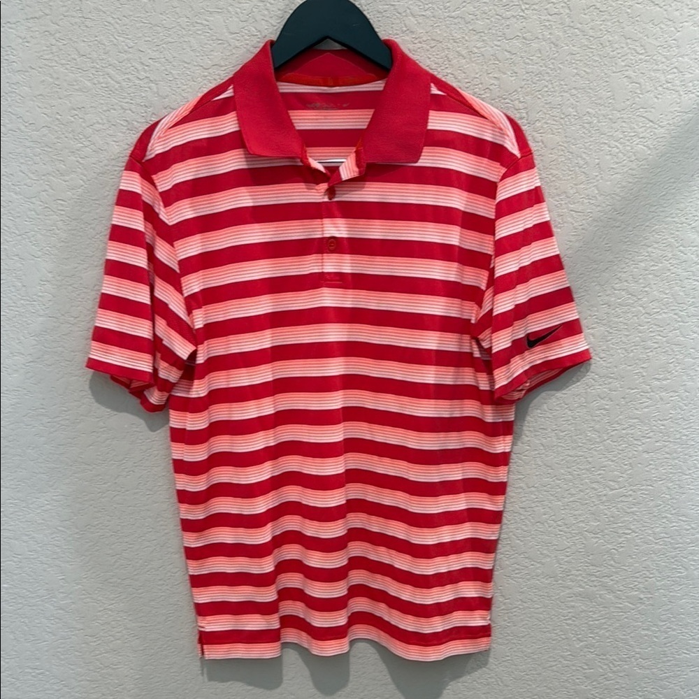 Nike Men's Red Striped Polo Shirt medium